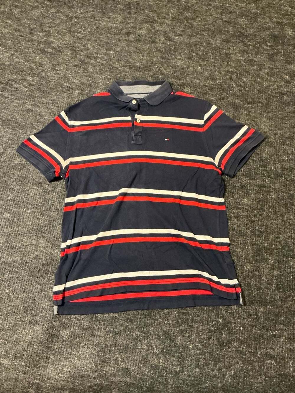 Tommy Hilfiger Striped Polo Short Sleeve Shirt Mens Size Large Navy Red White